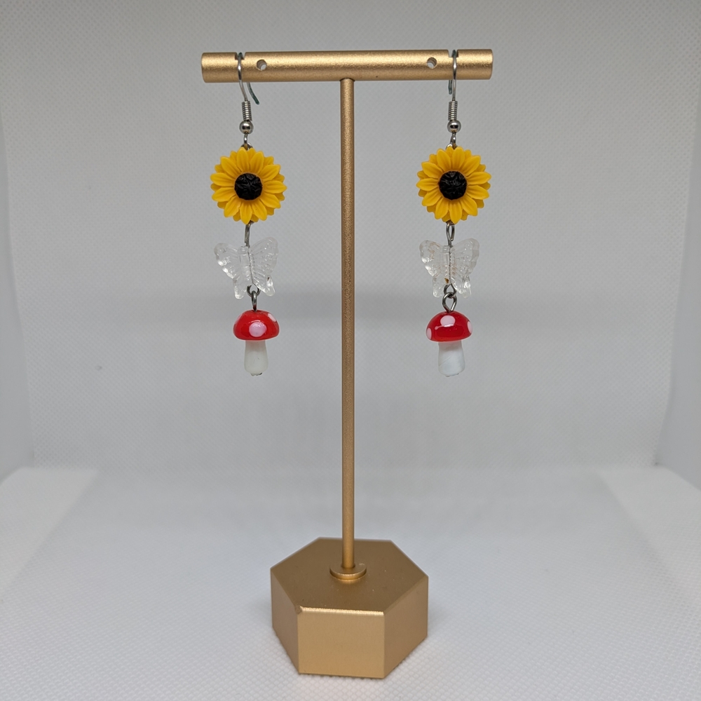 Sunflower and Mushroom Dangle Earrings